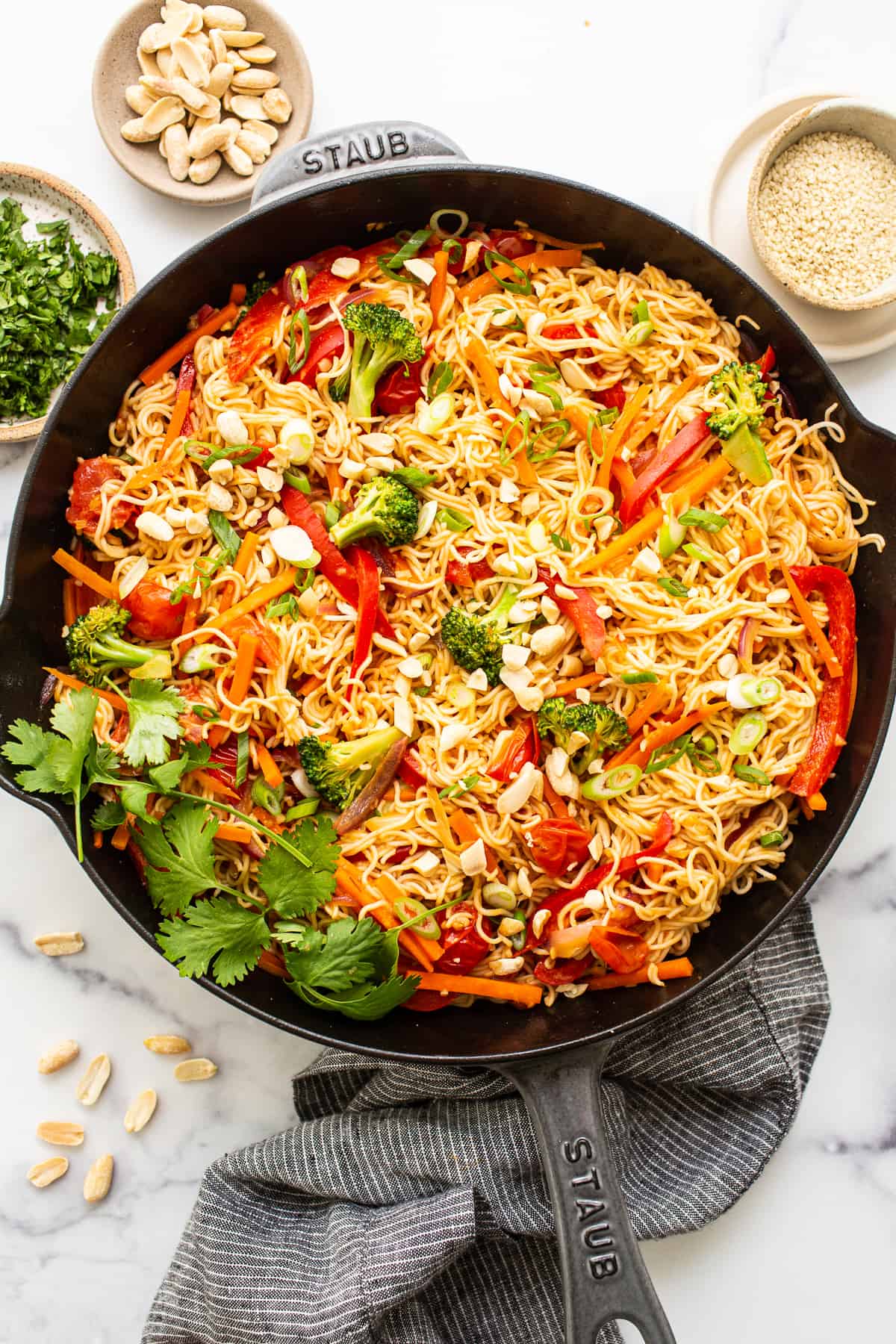 peanut noodles in cast iron.