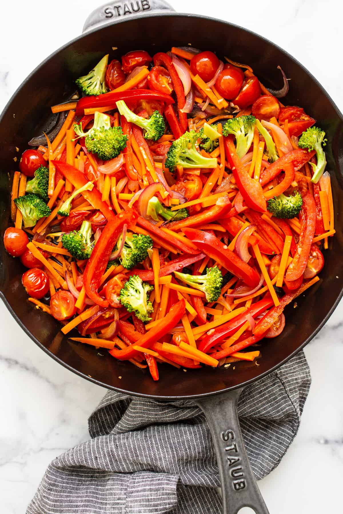 Veggies cooked in cast iron skillet.