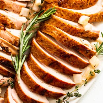 Smoked turkey breast sliced on a plate.