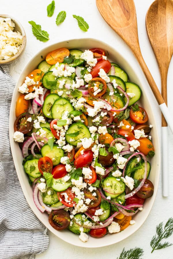 Cucumber Tomato Salad on a platter.