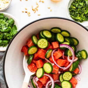 Watermelon and cucumber salad in a bowl.