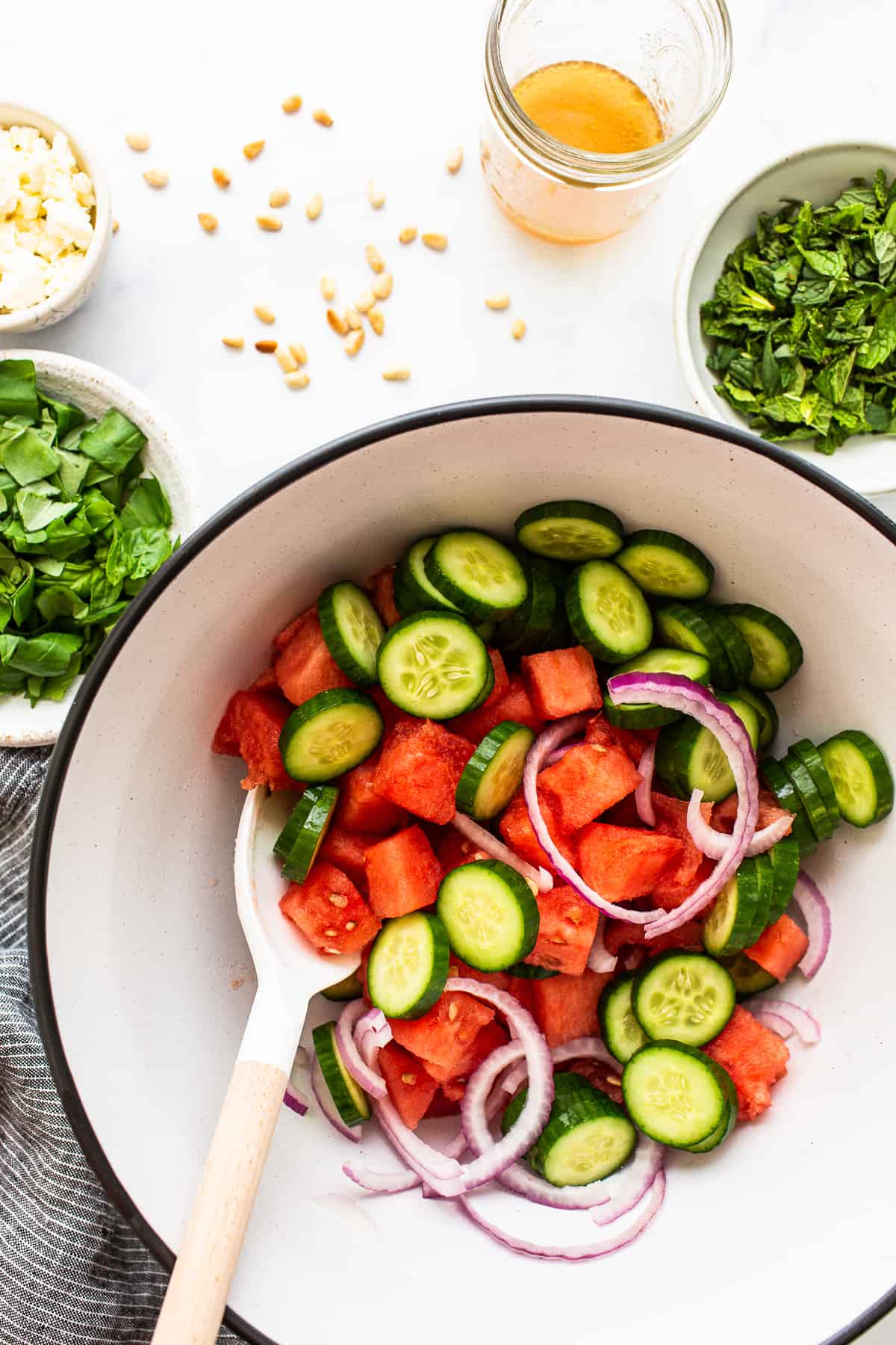 large bowl of watermelon salad.