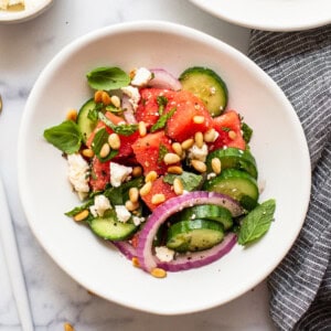 bowl of watermelon feta salad.