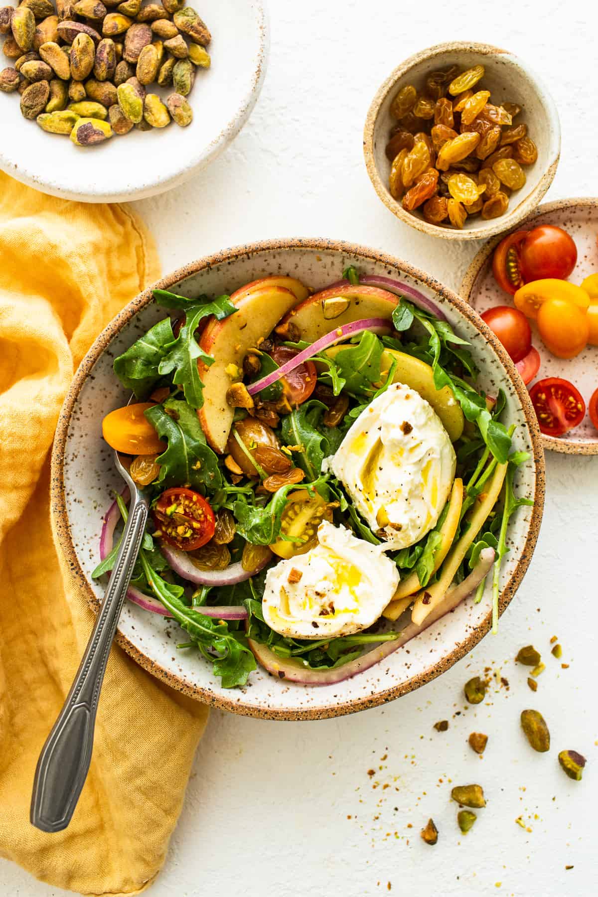 Burrata salad in a bowl.