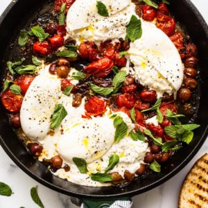 burrata appetizer in skillet.