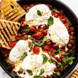 burrata appetizer in skillet.