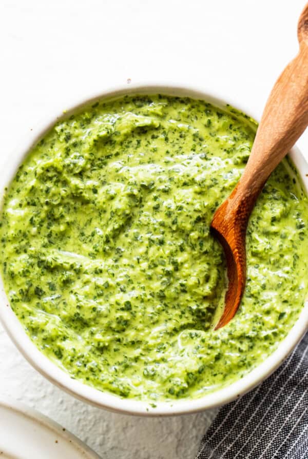 green sauce in bowl.