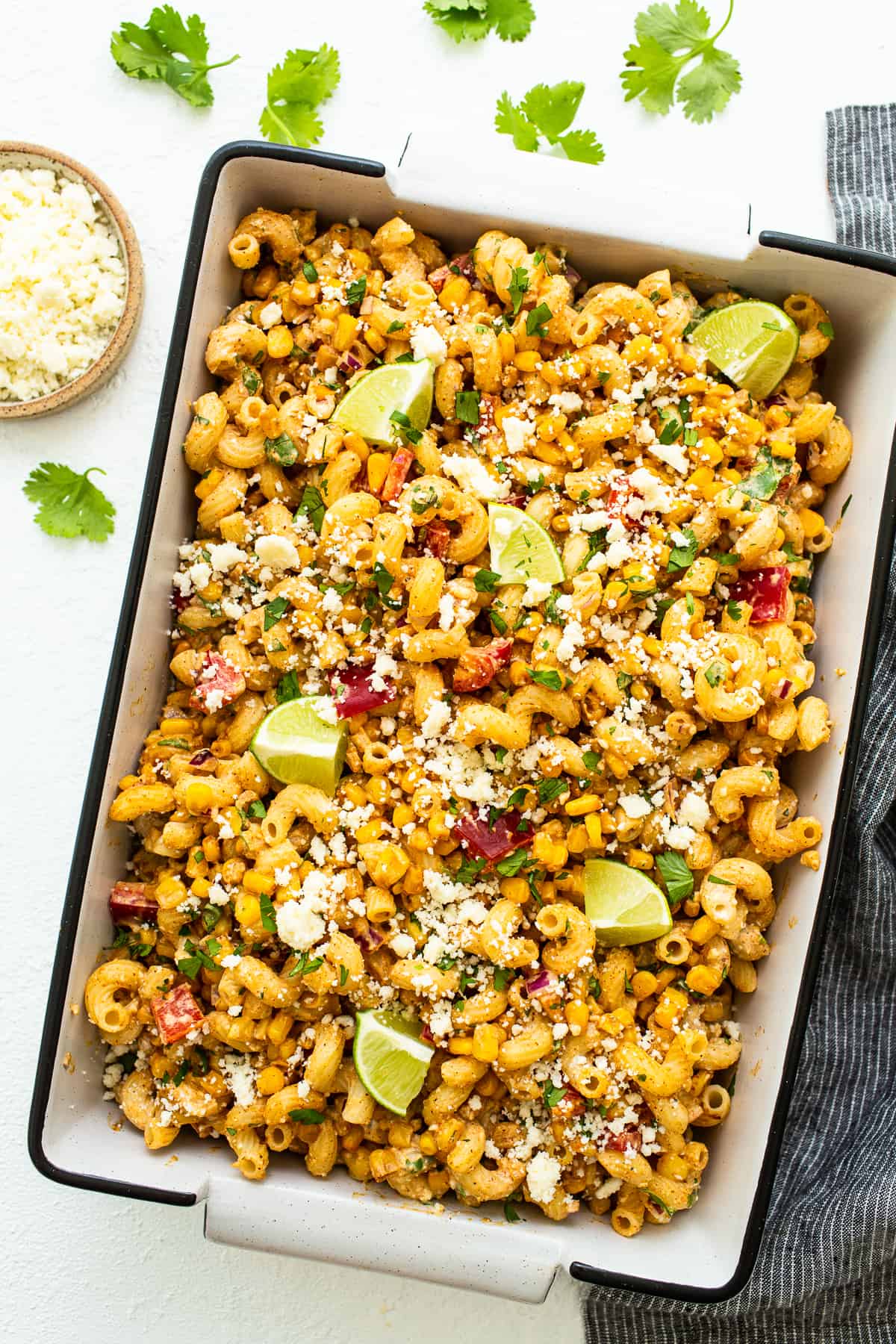 street corn pasta salad in container.