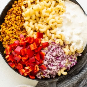 pasta salad in skillet.