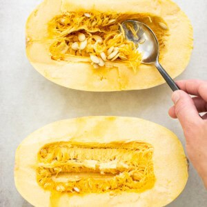 spaghetti squash on baking sheet.