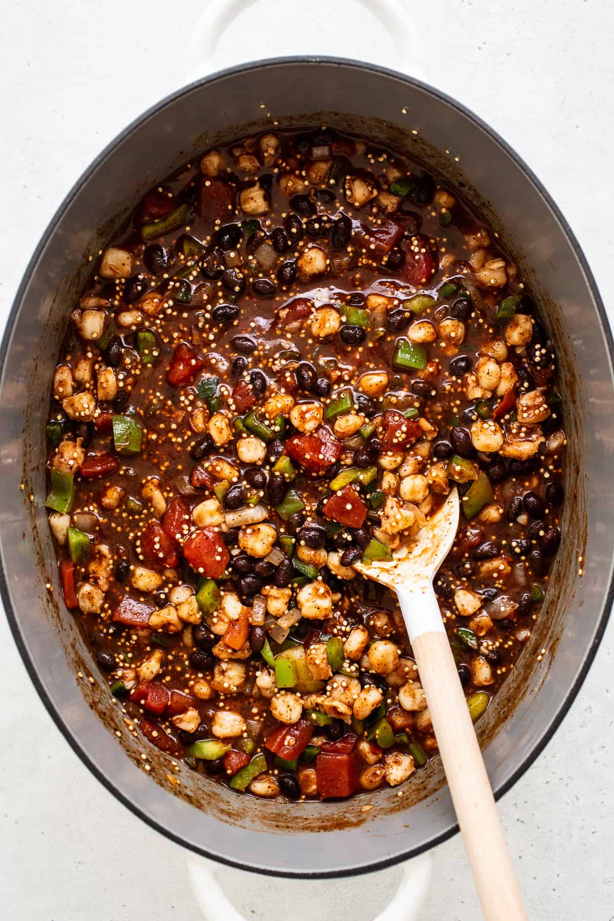 quinoa chili in pot.