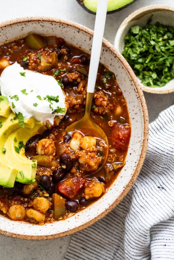 quinoa chili in bowl.