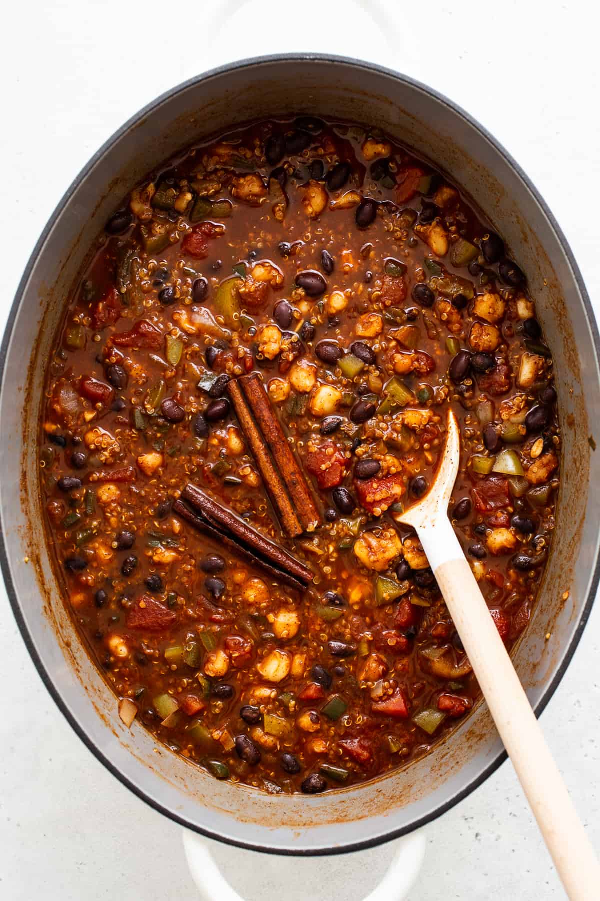 simmering quinoa chili in pot.