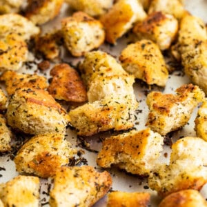 croutons on baking sheet.