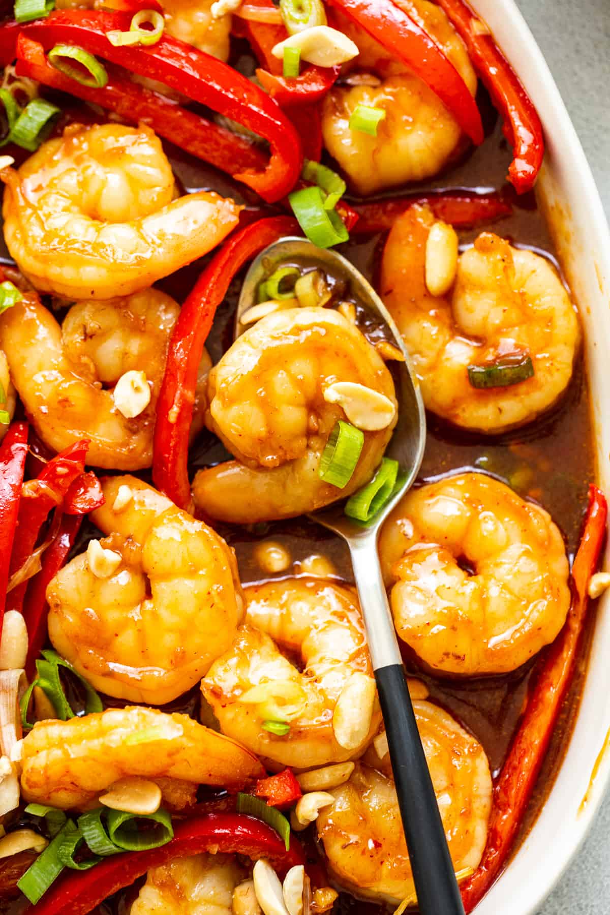 kung pao shrimp in serving dish.