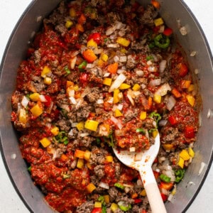 All the ingredients for Texas chili in a pot.