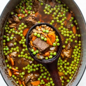 beef and barley soup in dutch oven.