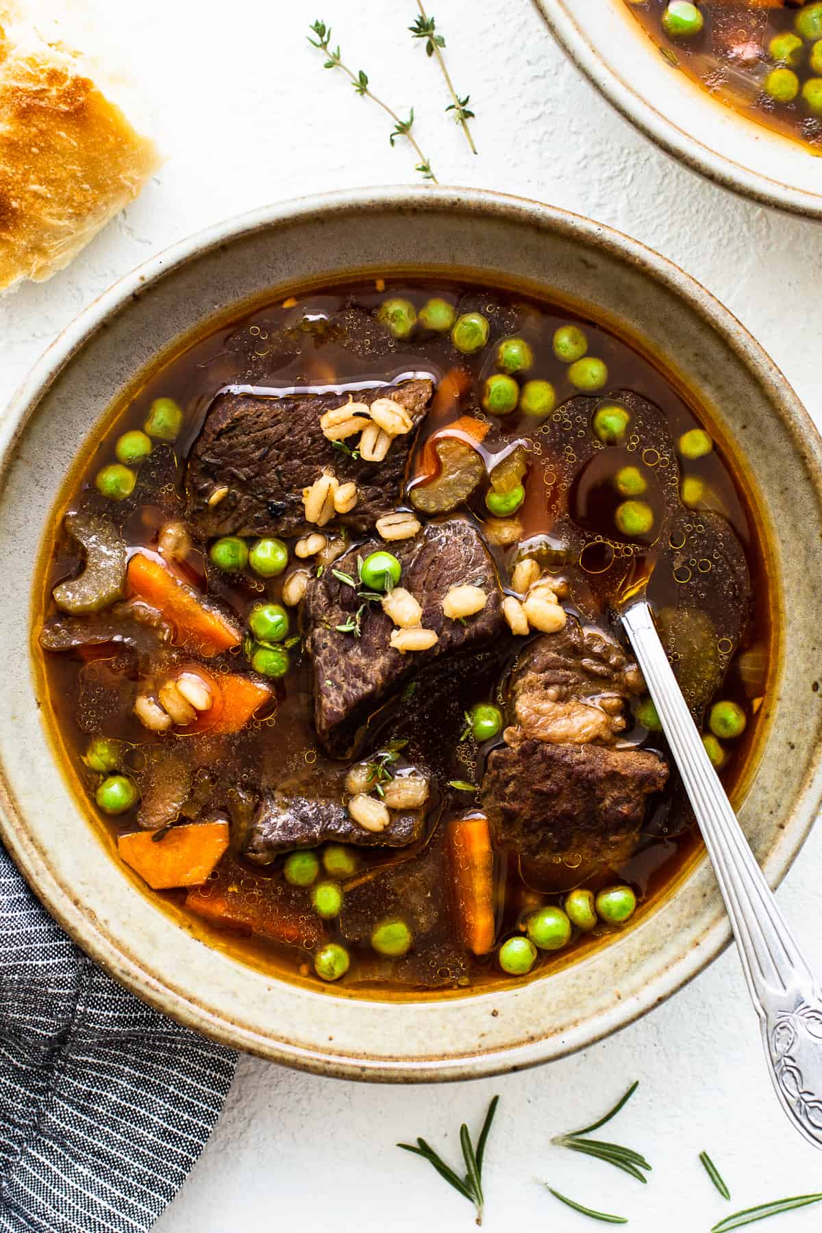 bowl of beef and barley soup.