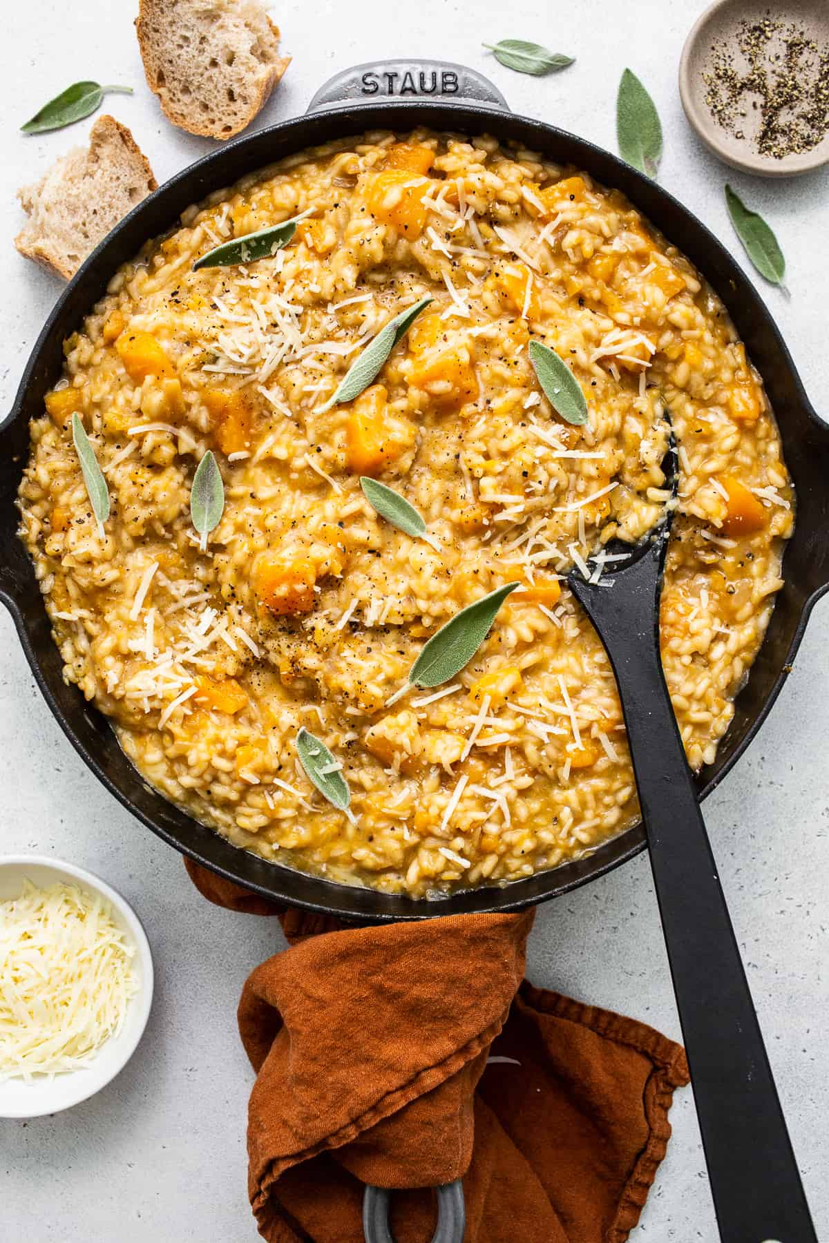 Butternut Squash Risotto in a skillet. 