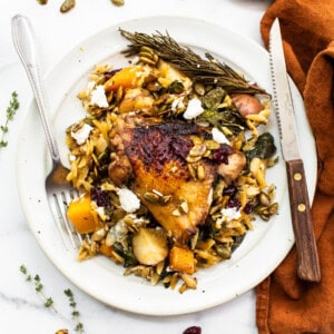 Harvest orzo skillet on a plate.