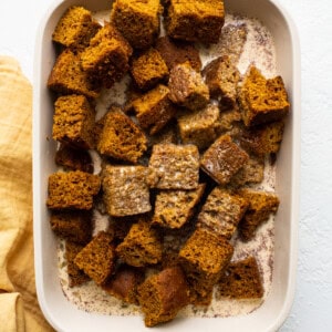 pumpkin bread pieces in egg.