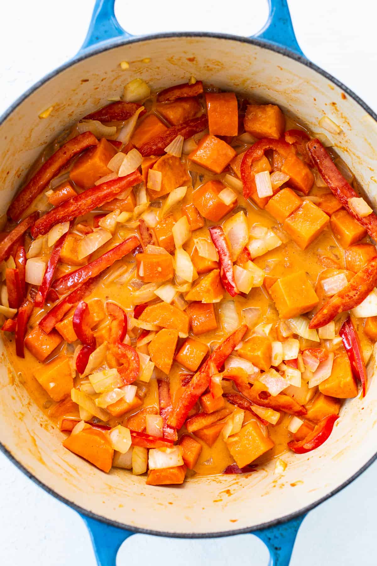 Vegetables simmering in a curry sauce. 