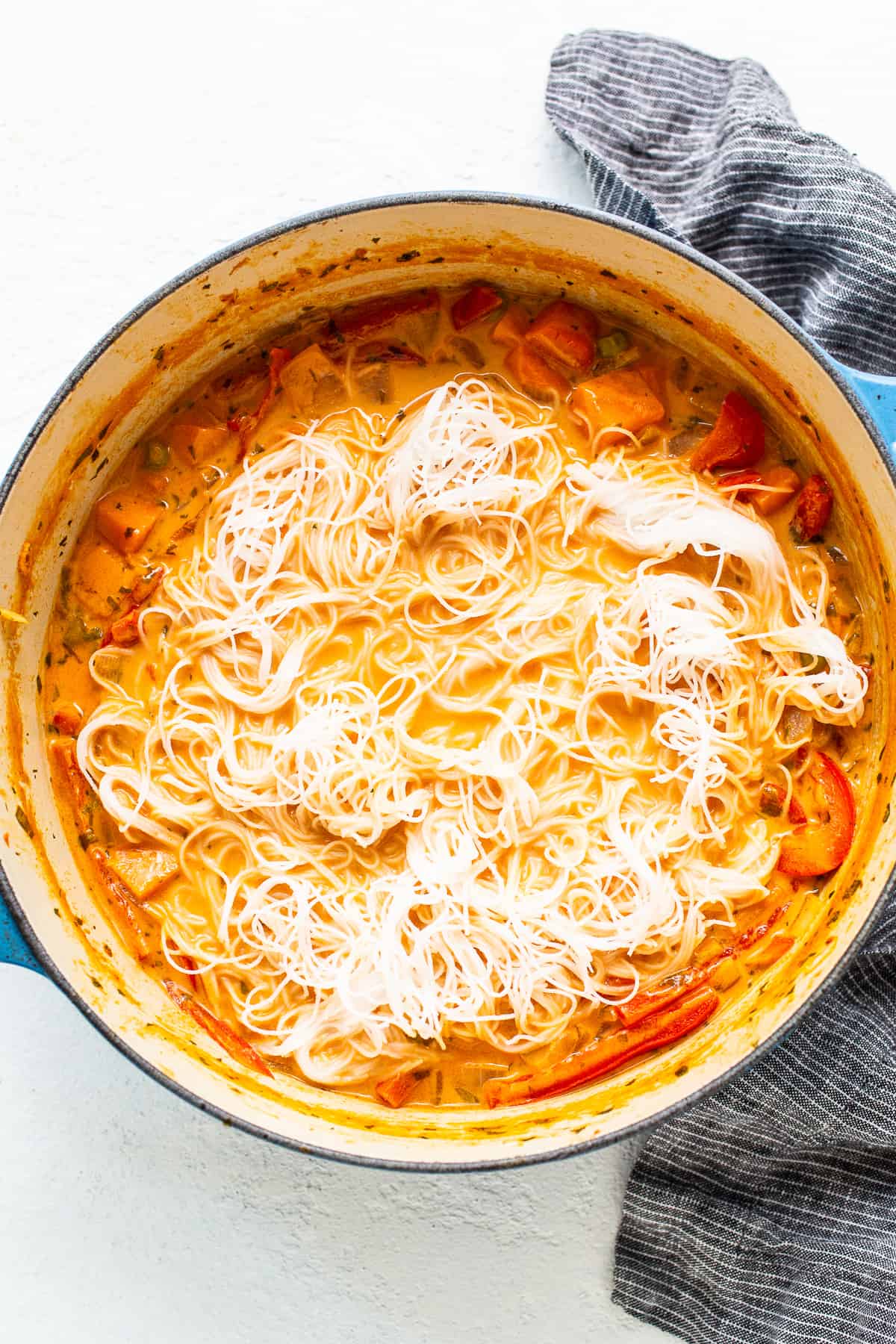 Noodles in a coconut curry soup.