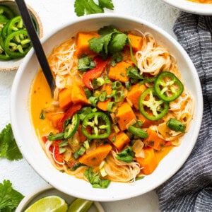 Coconut curry soup in a bowl.