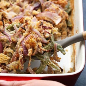 green bean casserole in dish.