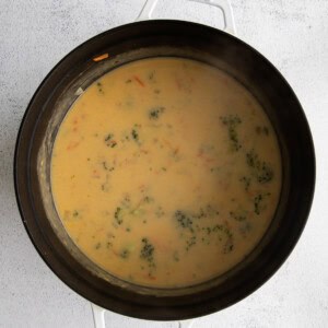 broccoli cheddar soup in pot.