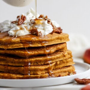 pumpkin pancakes on plate.