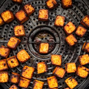 Tofu crisped up in the air fryer.