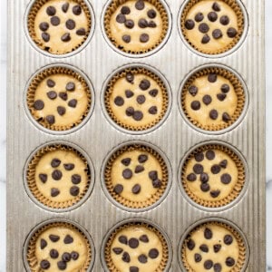 Chocolate chip muffins in a muffin tin.