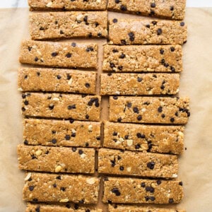 Chocolate chip granola bars on a baking sheet.