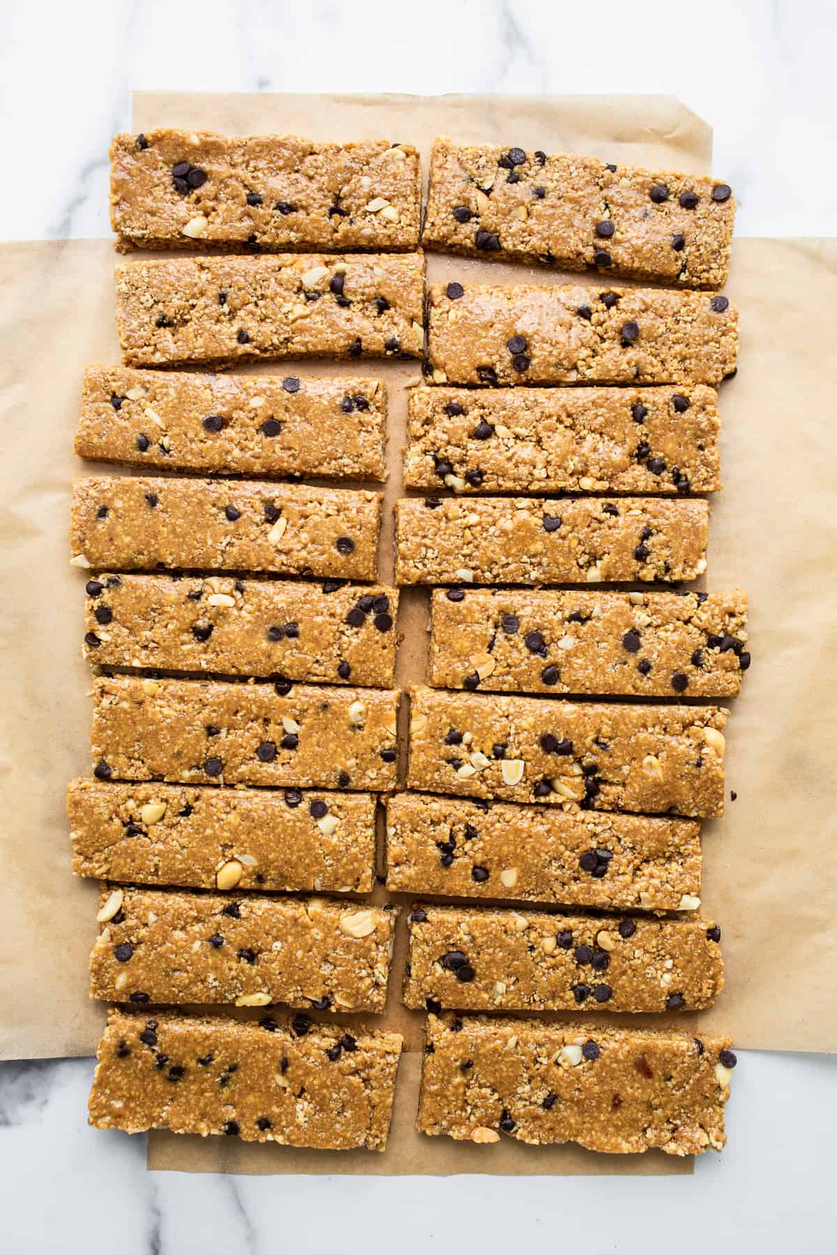 No bake peanut butter bars cut into bars.