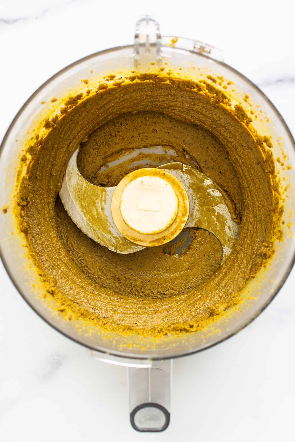 Pistachio butter in a food processor. 