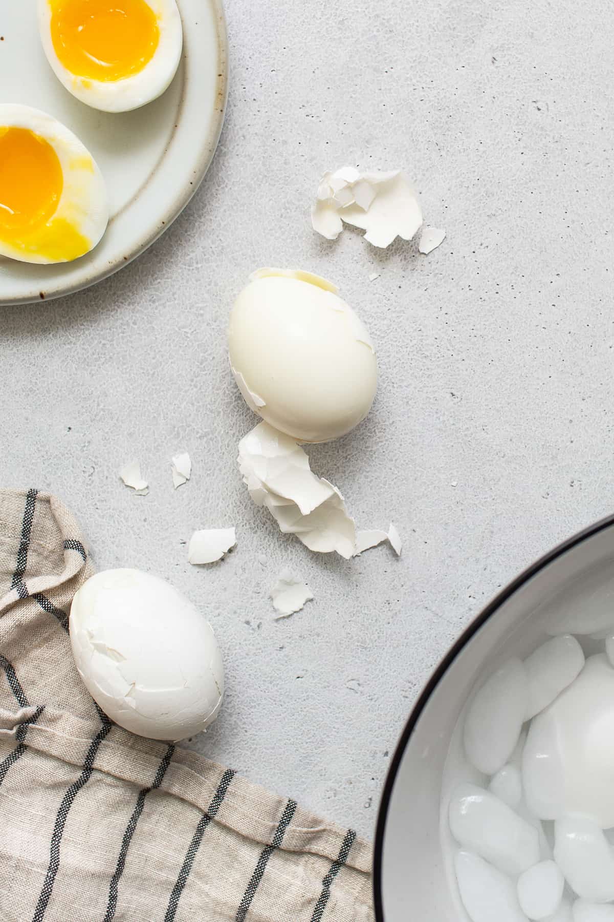 Peeled soft boiled eggs.