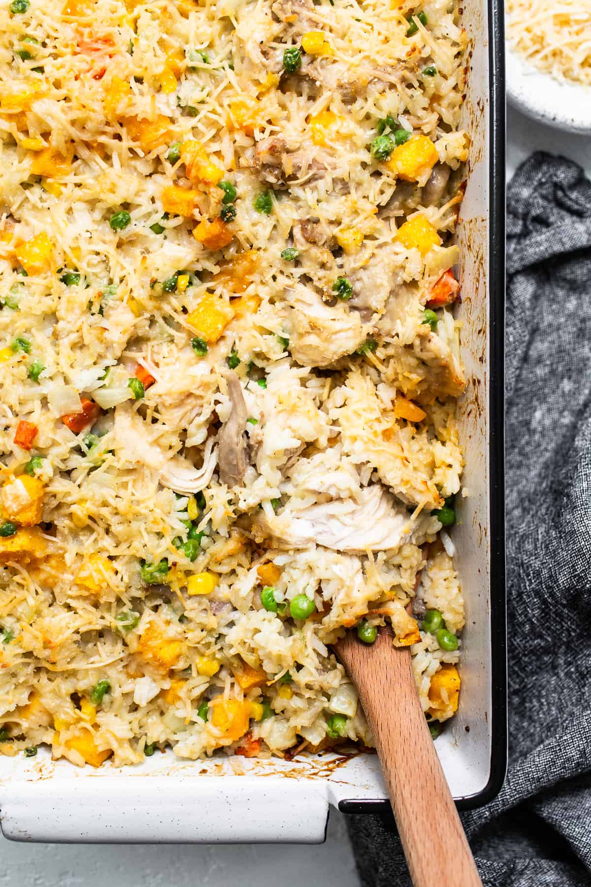 Turkey casserole in a casserole dish.