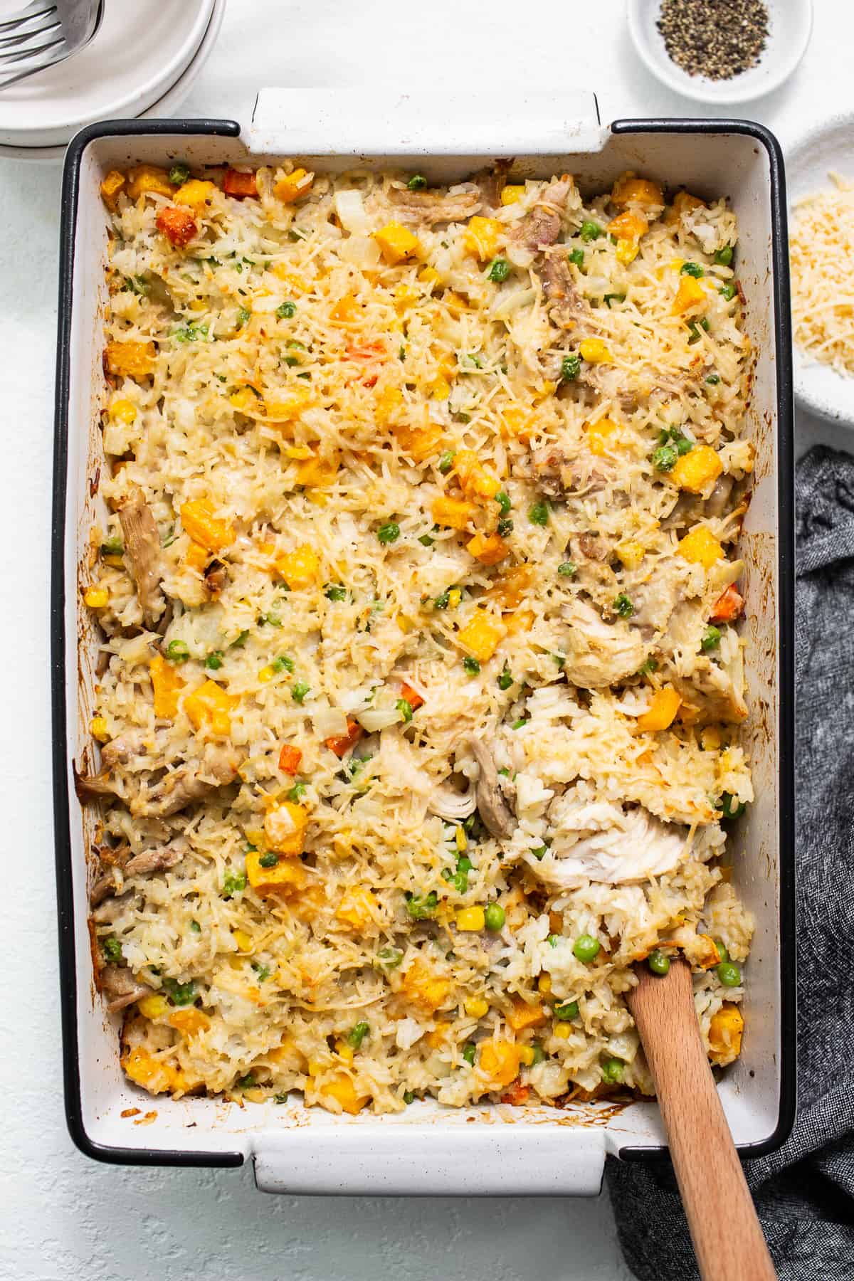 Turkey casserole in a casserole dish.