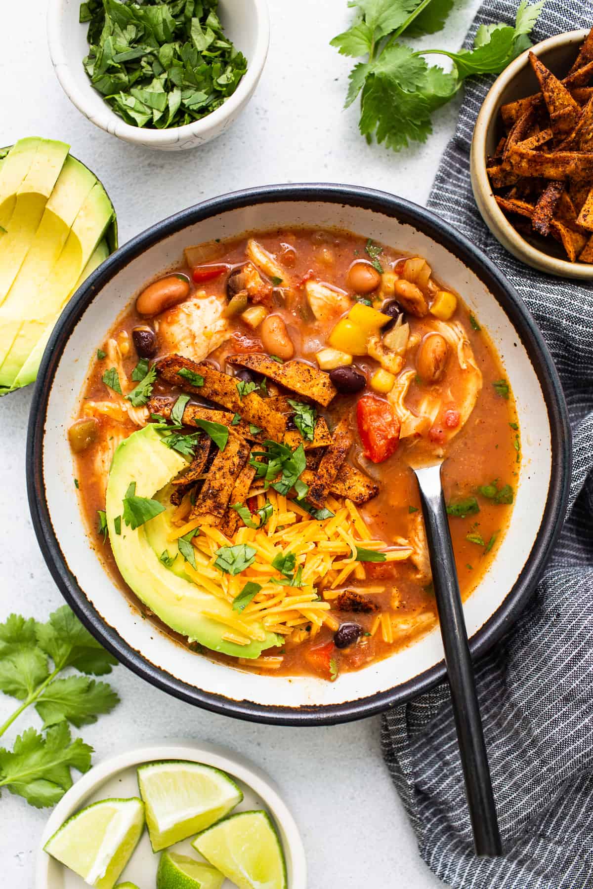 Chicken tortilla soup in a bowl.