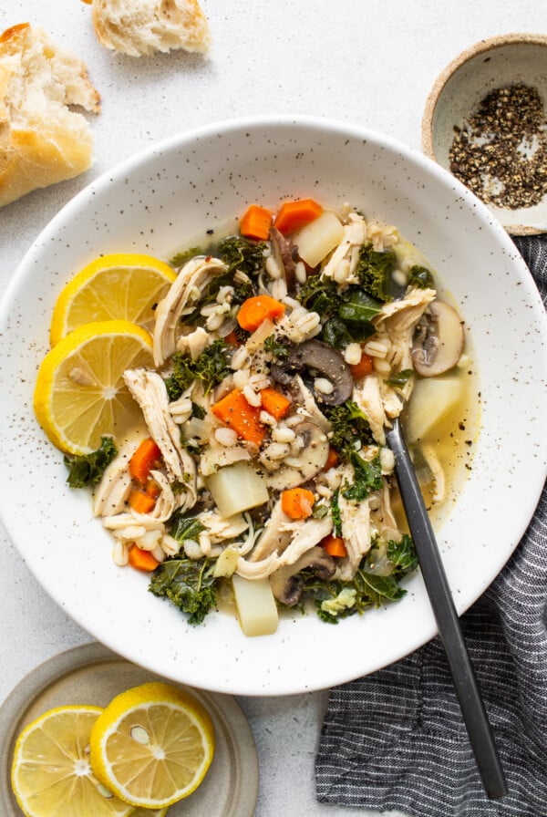 Chicken soup in a bowl.