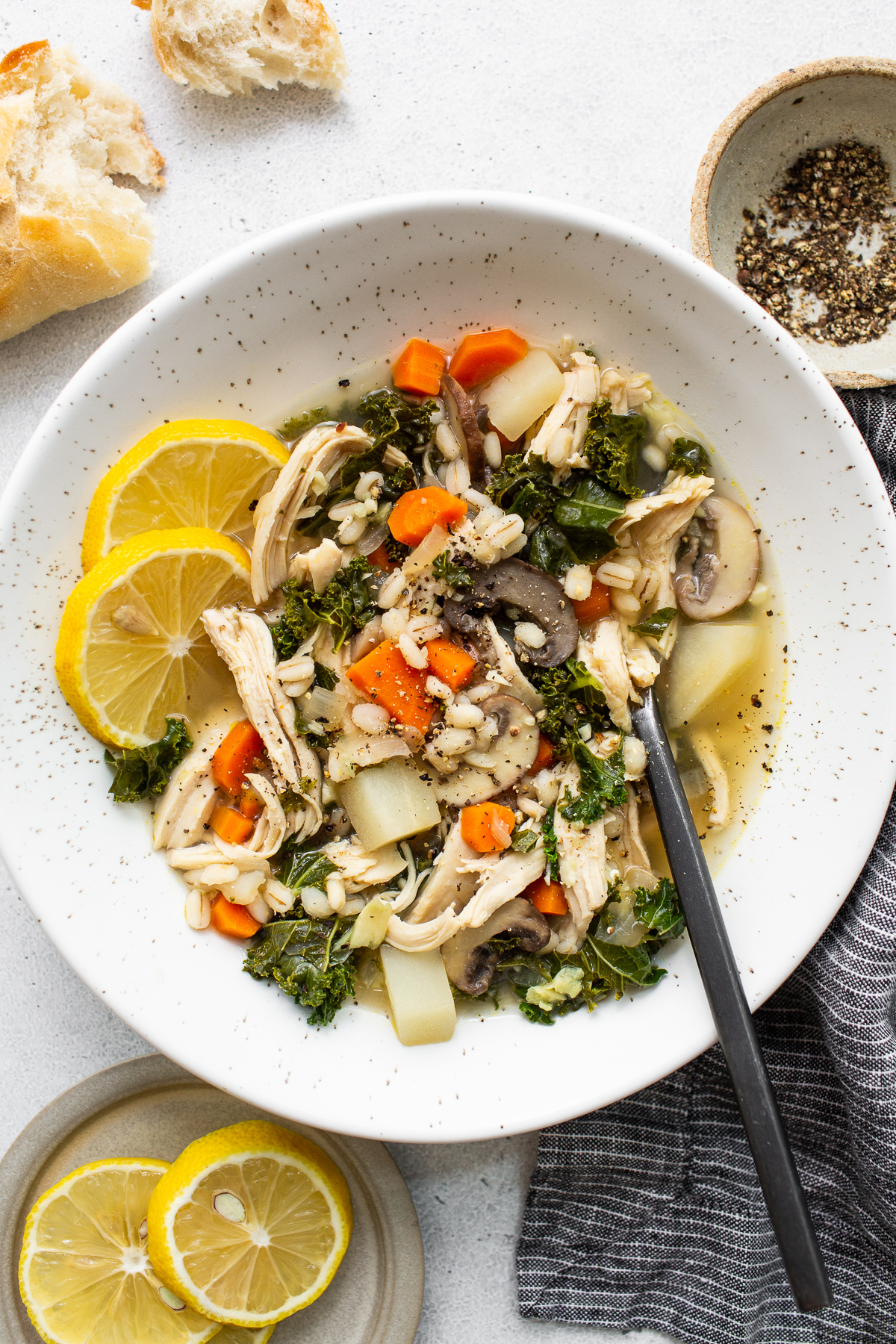 Chicken soup in a bowl. 