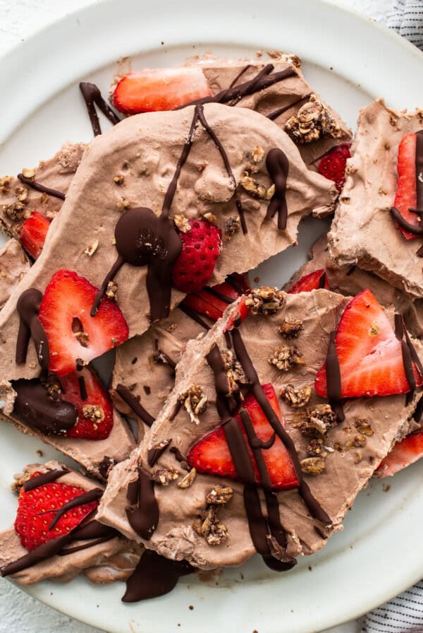 Chocolate strawberry frozen yogurt bark.