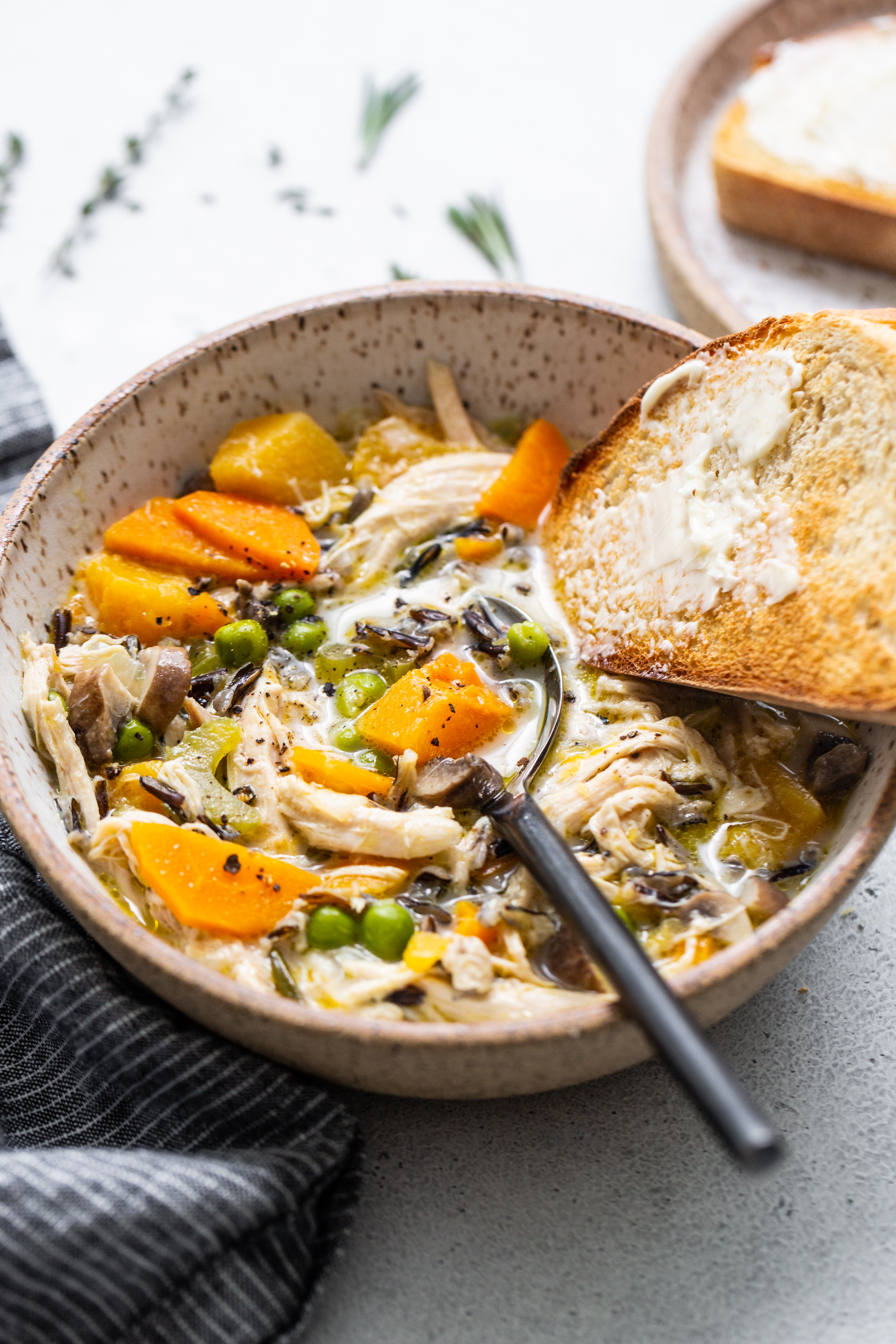 Turkey wild rice soup in a bowl.