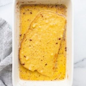 French toast in a white baking dish.