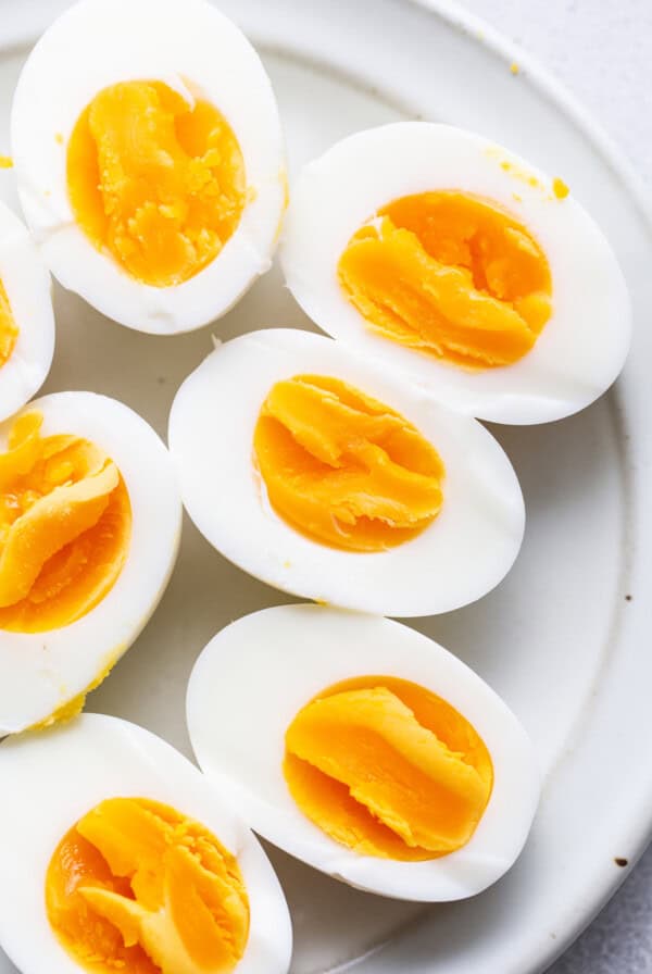 Hard boiled eggs on a plate.