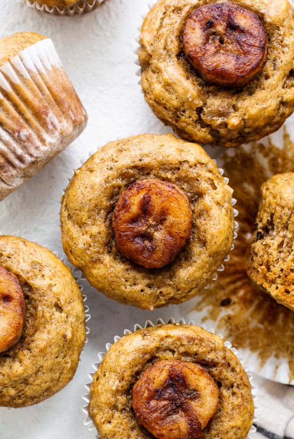 Banana muffins on a white plate.