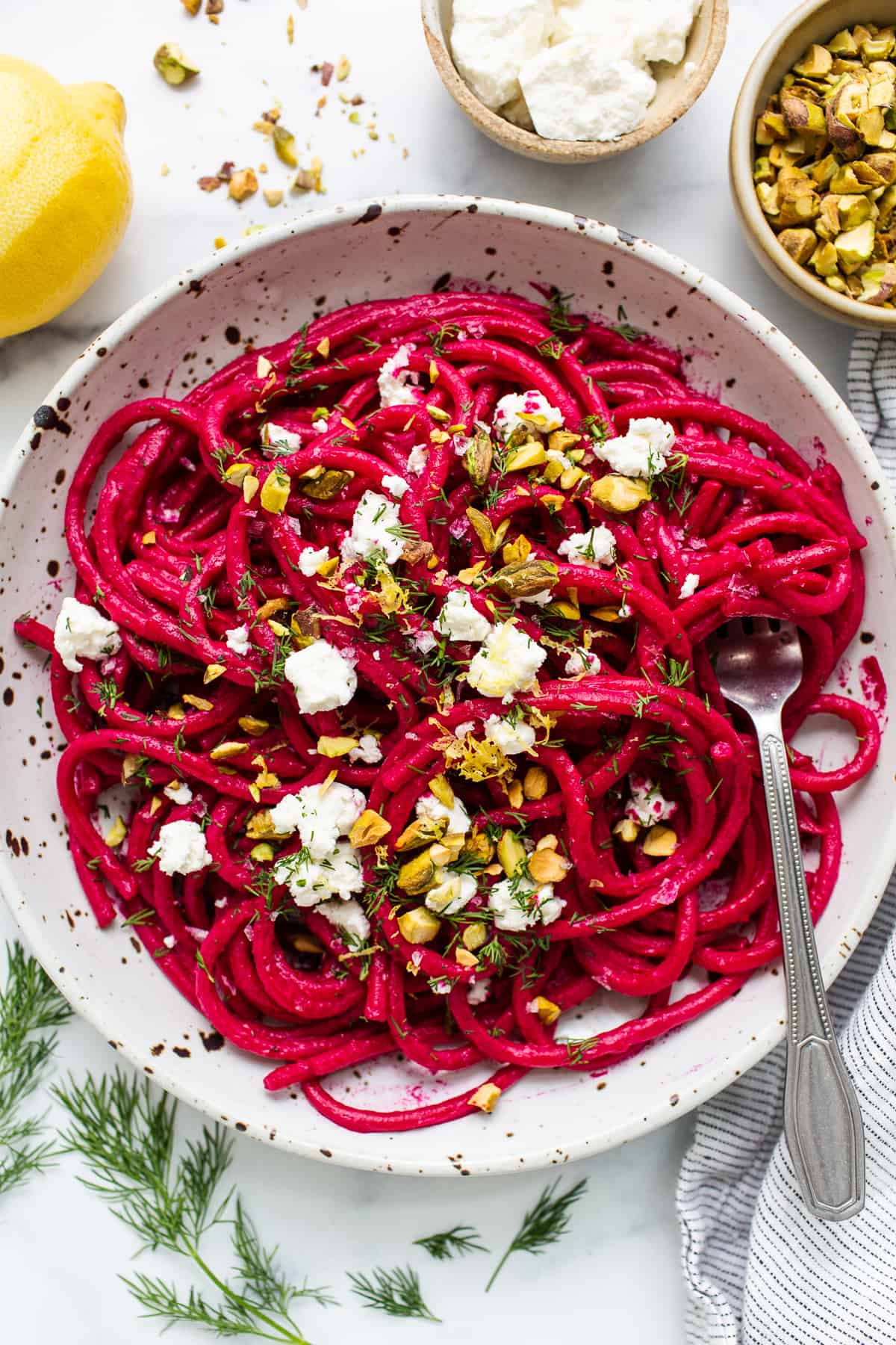 Roasted beet pasta in a bowl.