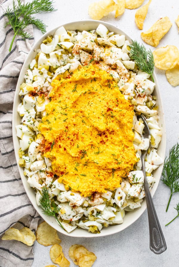 Deviled egg salad in a bowl.