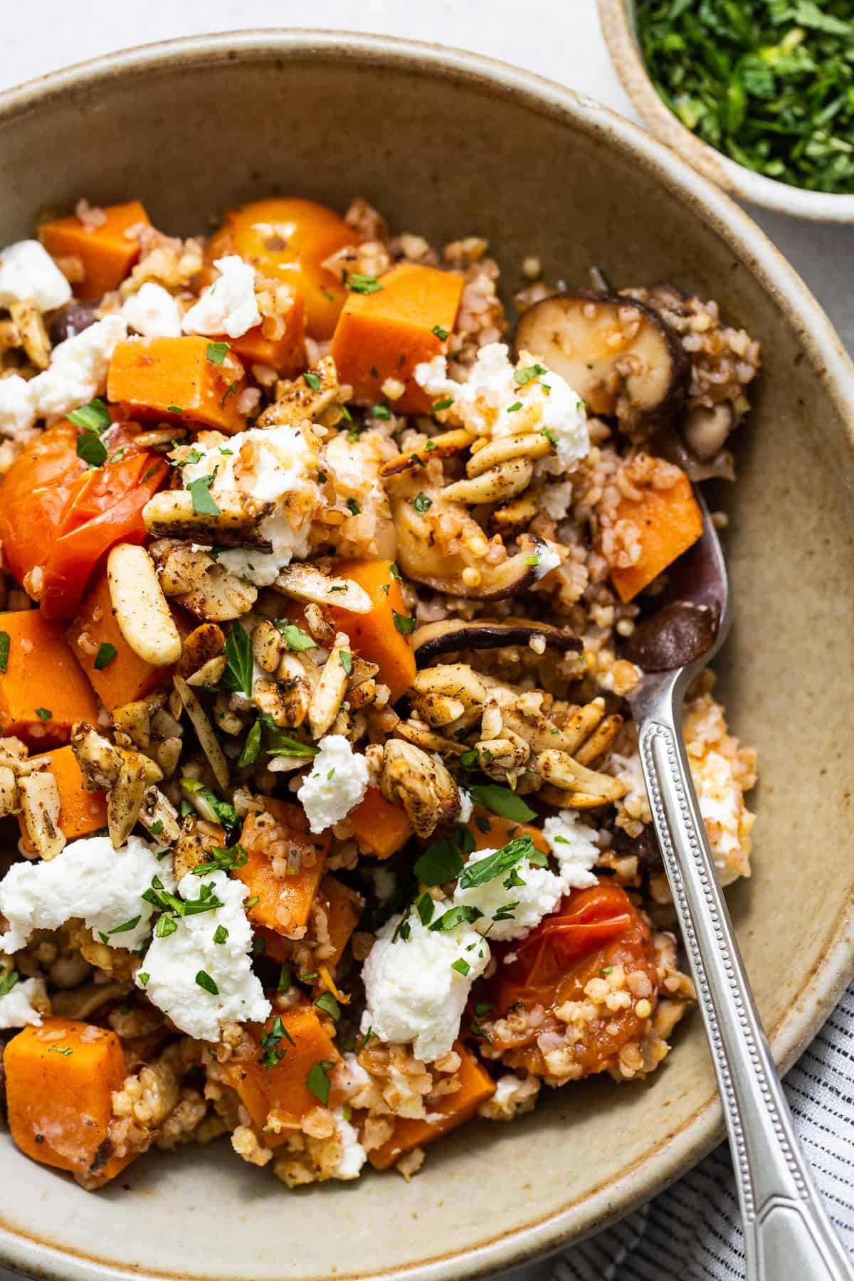 A bowl filled with quinoa, squash and feta.